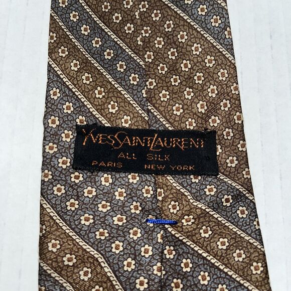Yves Saint Laurent YSL Vintage Brown Gray Silk Men's Neck Tie - Picture 4 of 6